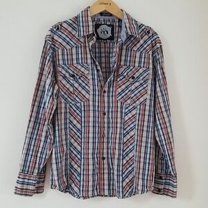 Franky Max Plaid Long Sleeve Button-down Cotton Shirt, Size M